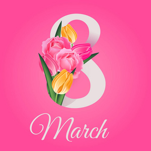 3月8日, 国际妇女节贺卡模板与 tulp, 玫瑰和春天的花朵。矢量插图