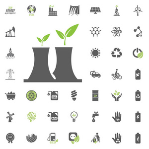 核电厂图标。生态和替代能源矢量图标集。能量源电力资源集矢量