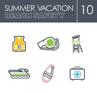 救生员海滩安全图标集。夏天。度假