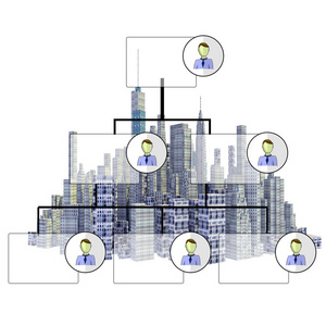 使用组织结构图孤立在白色背景上呈现 3d 城市天际线