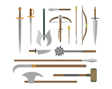 一套不同的中世纪武器矢量平面插图