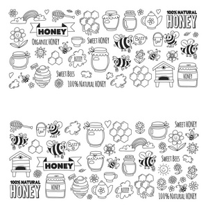 蜂蜜市场，集市，蜂蜜蜜蜂 花 瓶子 蜂窝 蜂巢，现货，公平涂鸦图像与刻字甜甜的蜂蜜 天然蜂蜜 甜蜜蜂桶