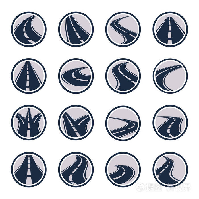 孤立的圆形灰色颜色道路或公路与划分上白色背景矢量插图集的标记