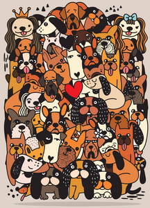手绘矢量插图的涂鸦可爱滑稽的卡通狗, 小狗的宠物字符不同的面包狗的插图。毛茸茸的人类朋友家庭动物