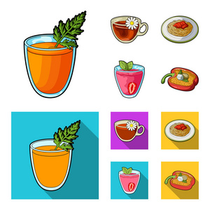 胡萝卜汁在玻璃杯里, 菊花茶在杯子里, 粥放在盘子上, 草莓汁放在玻璃杯里用叶子。素食套餐集合图标卡通, 平面矢量符号股票
