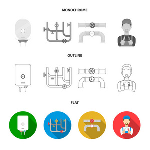 污水舱口, 工具, 散热器。水暖套装集合图标平面, 轮廓, 单色矢量符号股票插画网站