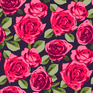 老式的无缝花卉图案与风格的玫瑰在黑暗的背景。矢量插图