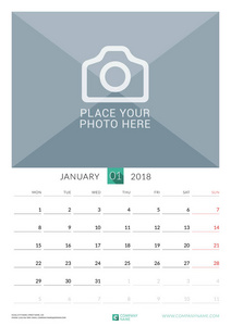 2018 年 1 月。墙上月历为 2018 年。矢量设计打印模板与照片的地方。在周一的周开始。纵向