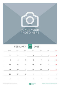 2018 年 2 月。墙上月历为 2018 年。矢量设计打印模板与照片的地方。在周一的周开始。纵向