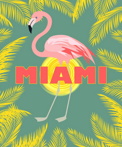 与迈阿密刻字 棕榈叶 太阳和粉红色火烈鸟 artdeco 风格 t 恤打印