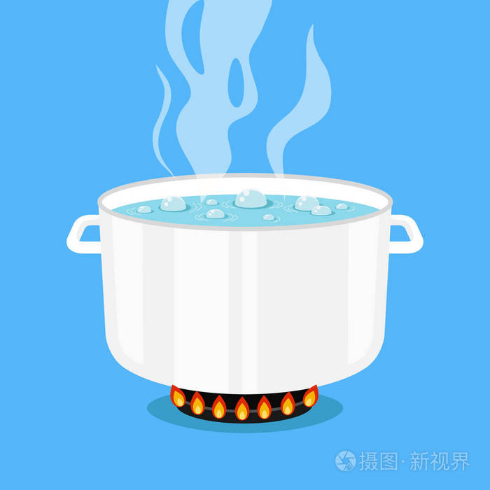 蒸煮锅放火炉上用水和蒸汽的白色.平面设计图形元素.矢量图