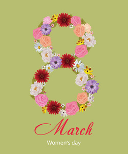 3 月 8 日妇女一天贺卡模板。妇女节快乐。国际劳动妇女节。问候与花的背景。向量，Eps 10