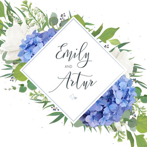 婚礼花卉邀请, 保存日期卡设计与优雅的蓝紫色绣球花, 白色花园玫瑰, 桉树绿色树枝, 绿叶和菱形, 几何框架。时尚布局
