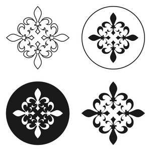 Fleur de lis 符号，黑色剪影纹章符号的集合。矢量图。中世纪的迹象。发光法国 fleur de lis 皇家百合。典
