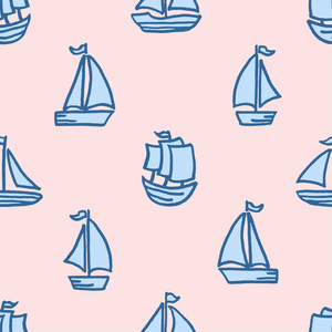 矢量无缝图案与手绘卡通海帆帆船船船运输波浪儿童幼稚的风格在浅粉色背景