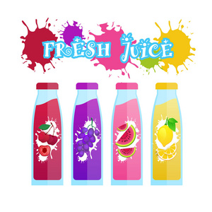新鲜果汁瓶徽标设置隔离天然食品农产品的概念