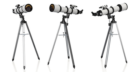 在白色背景上孤立的三脚架上的三个望远镜