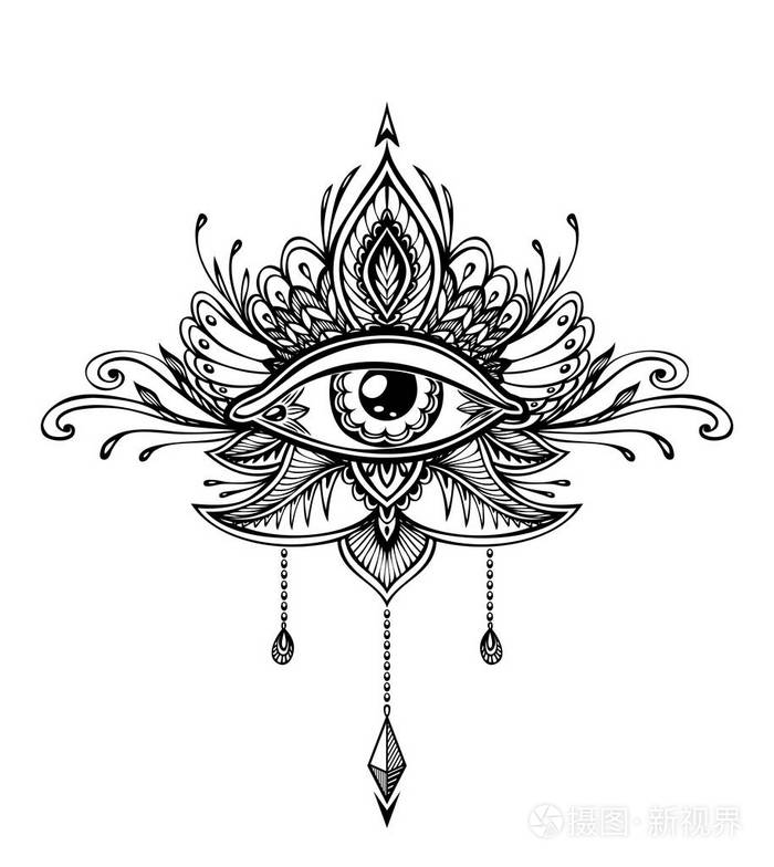 波西米亚眼的抽象符号印度亚裔民族风格的纹身黑色白色的装饰t恤或