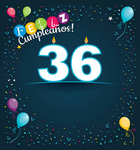 cumpleanos 36-愉快的生日36在西班牙语-贺卡以白色蜡烛以数字的形式