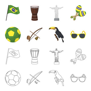 巴西, 国家, 舞会, 橄榄球。巴西国家集合图标在卡通, 轮廓风格矢量符号股票插画网站