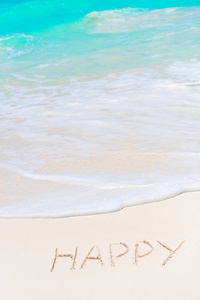 快乐写在沙滩上的软海浪背景