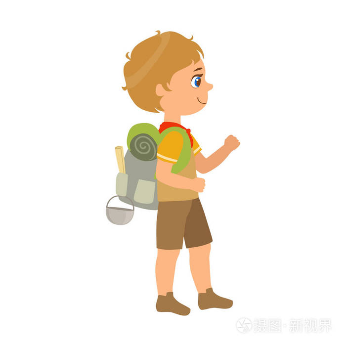 女童子军背着一个背包,侧视图,丰富多彩的人物