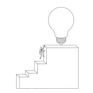 女实业家攀登楼梯块结构与灯泡在顶部单色剪影点缀