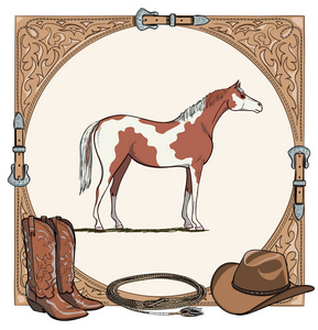 牛仔马马匹骑马钉工具在西方皮带框架。西部靴, 帽子, 套索绳索和花斑马。手绘矢量卡通背景