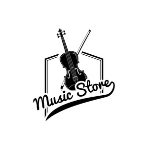 小提琴, 鞠躬。音乐商店标志标签 emble。乐器。矢量