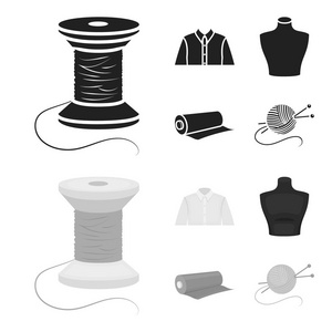 一件男式衬衣一个模特儿一卷布料一根线球和针织针。画室集合图标黑色, monochrom 风格矢量符号股票插画网站