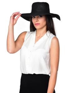 黑帽子的妇女, 演播室画像, 被隔绝在白色背景
