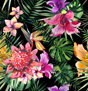 美丽明亮可爱炫彩热带夏威夷花卉草药夏季花纹的热带花芙蓉兰花和棕榈叶上黑色背景帧水彩手绘