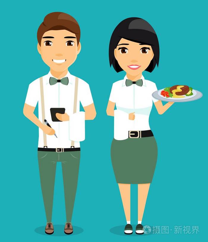 这家伙,女服务员.蓝色背景的卡通风格上孤立