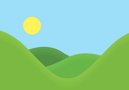 带太阳矢量的蓝天下的草地与丘陵景观平面设计图解