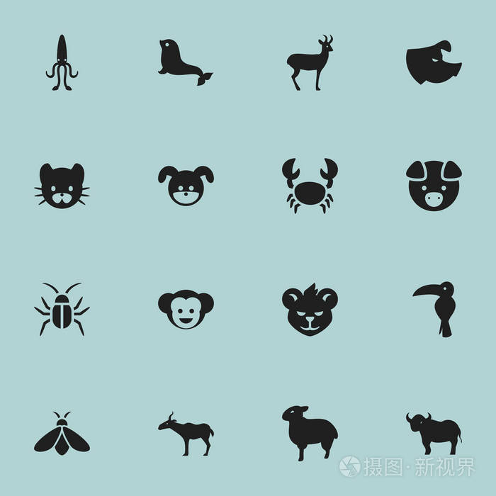 16 可编辑动物学图标集.包括老虎, 母猪, 龙虾等符号.
