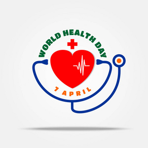 世界卫生日概念与心脏和听诊器。矢量插图