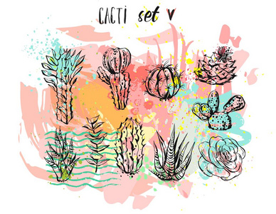 唯一热带手绘制的矢量抽象图形创意多汁,仙人掌和植物上多彩的艺术
