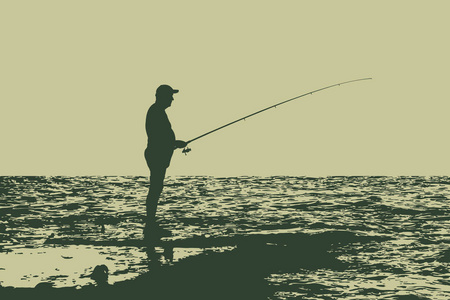 一个渔夫在岸上钓鱼竿, 老人和海