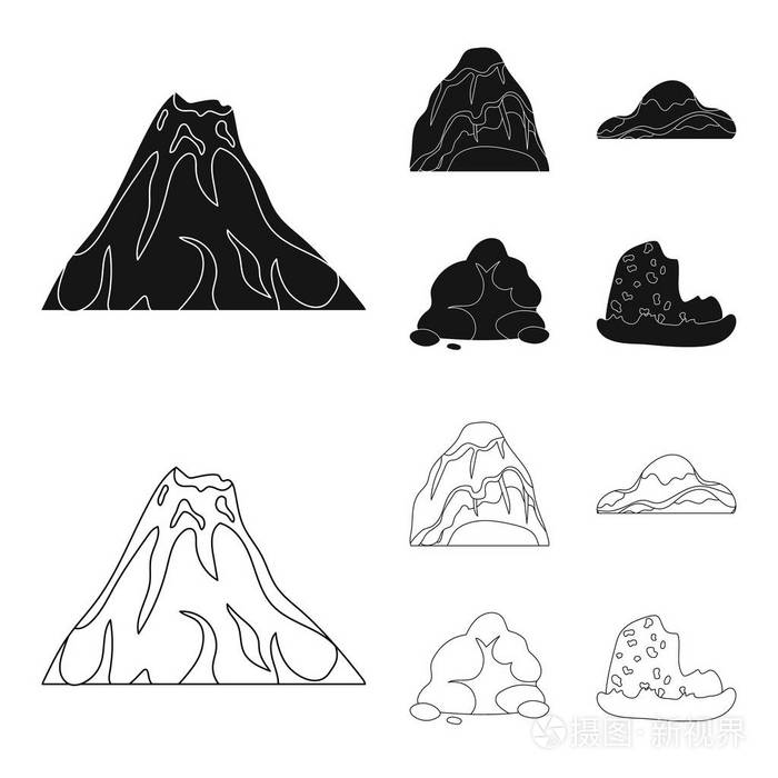 巨石, 一座圆山, 海中的岩石。不同山脉集图标为黑色, 轮廓样式矢量符号股票插画网