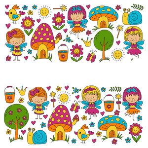 图中的魔法森林仙女涂鸦图案为女孩和幼儿园，儿童购物孩子绘画风格