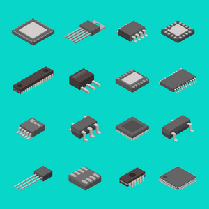 孤立的微芯片半导体计算机电子元器件等距图标矢量图