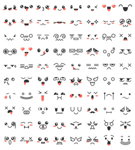 漫画风格的涂鸦卡通面孔.可爱的表情符号 emoji 表情字符.