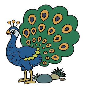 孔雀卡通可爱的卡通孔雀白色背景为儿童版画, t恤, 彩色书, 有趣和