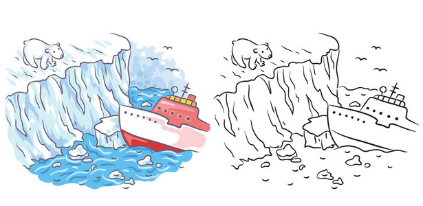 破冰船遇见一只北极熊在北极,彩色和黑色和白色照片