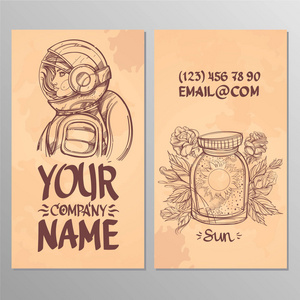 卡片上有一个宇航员的形象和一个玻璃罐子, 里面有太阳。用于创建名片海报广告页的模板