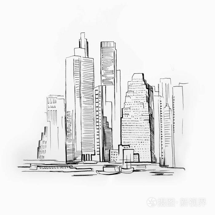 白色背景下摩天大楼的草图.曼哈顿图片