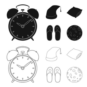 夜帽, 枕头, 拖鞋, 月亮。休息和睡眠集合图标在黑色, 轮廓样式矢量符号股票插图 web