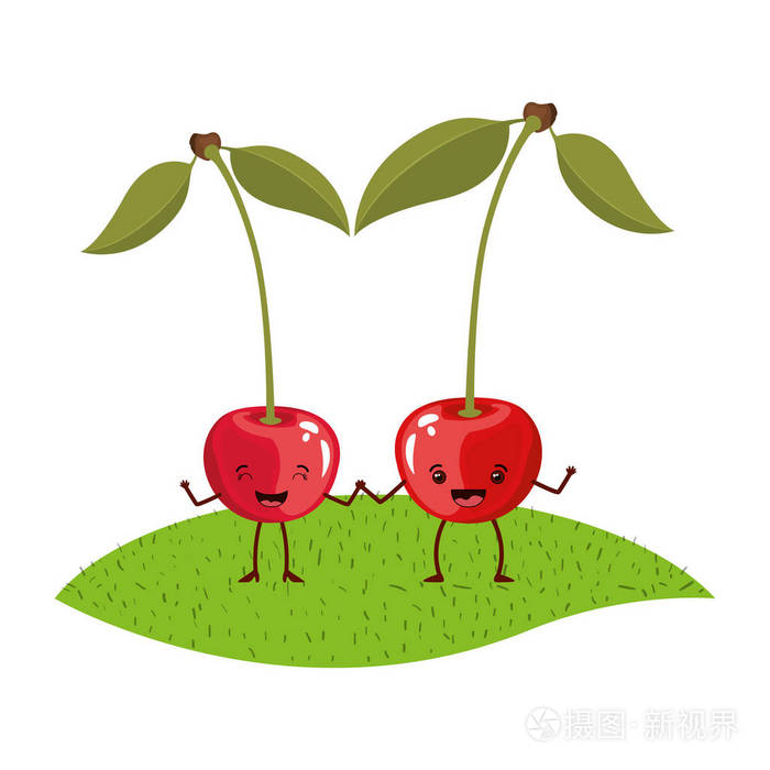 白色背景以现实对樱桃果子漫画在草