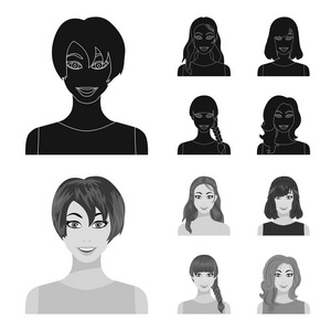 女性发型的类型黑色, monochrom 图标在集合中设计。妇女的出现矢量符号股票 web 插图