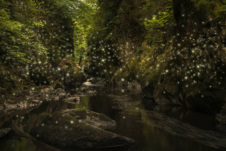岩石峡谷中的萤火虫的美丽幻想形象